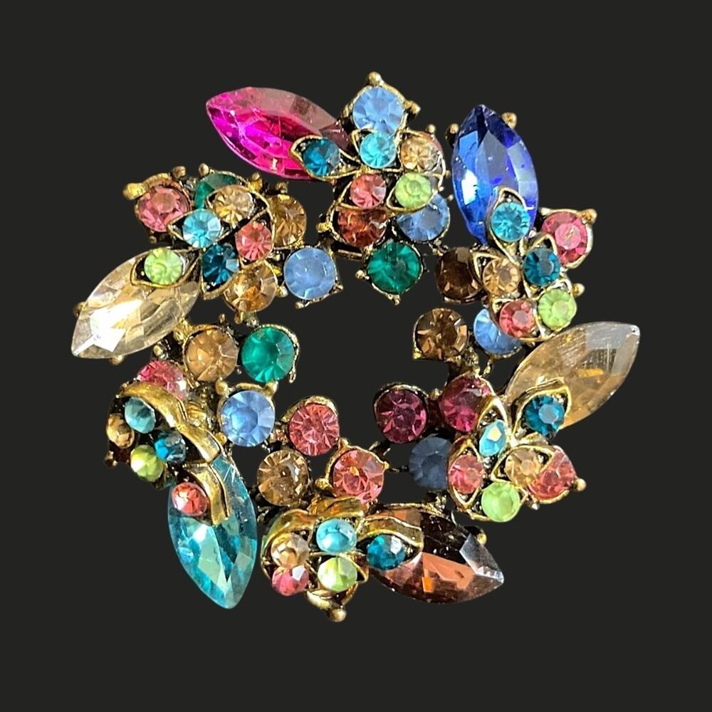 Wreath Shaped Pin/Brooch Multicolored Jewel Tone Crystal Colors-‎ New